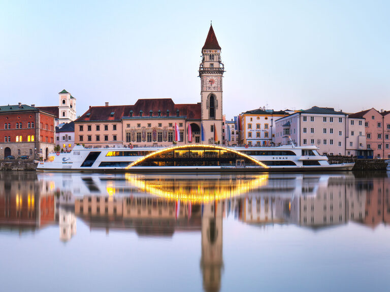 Vom Schiff beleuchtete Flusslandschaft bei der Donauschifffahrt in Passau.