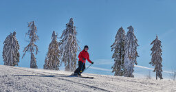 Eine Frau beim Skifahren auf einer verschneiten Piste in Bodenmais, Bayerischer Wald